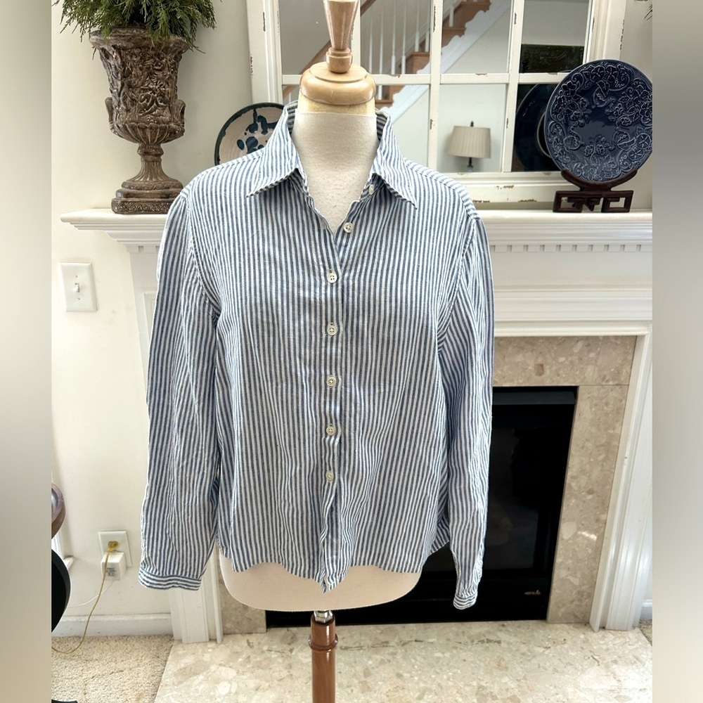 Boden Blue and White Striped Cropped Linen Shirt